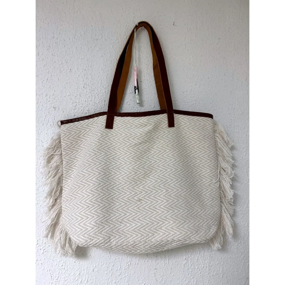 Nalini Chevron Fringe Tote Bag Cream Beige Leather Trim Boho Tassel Large